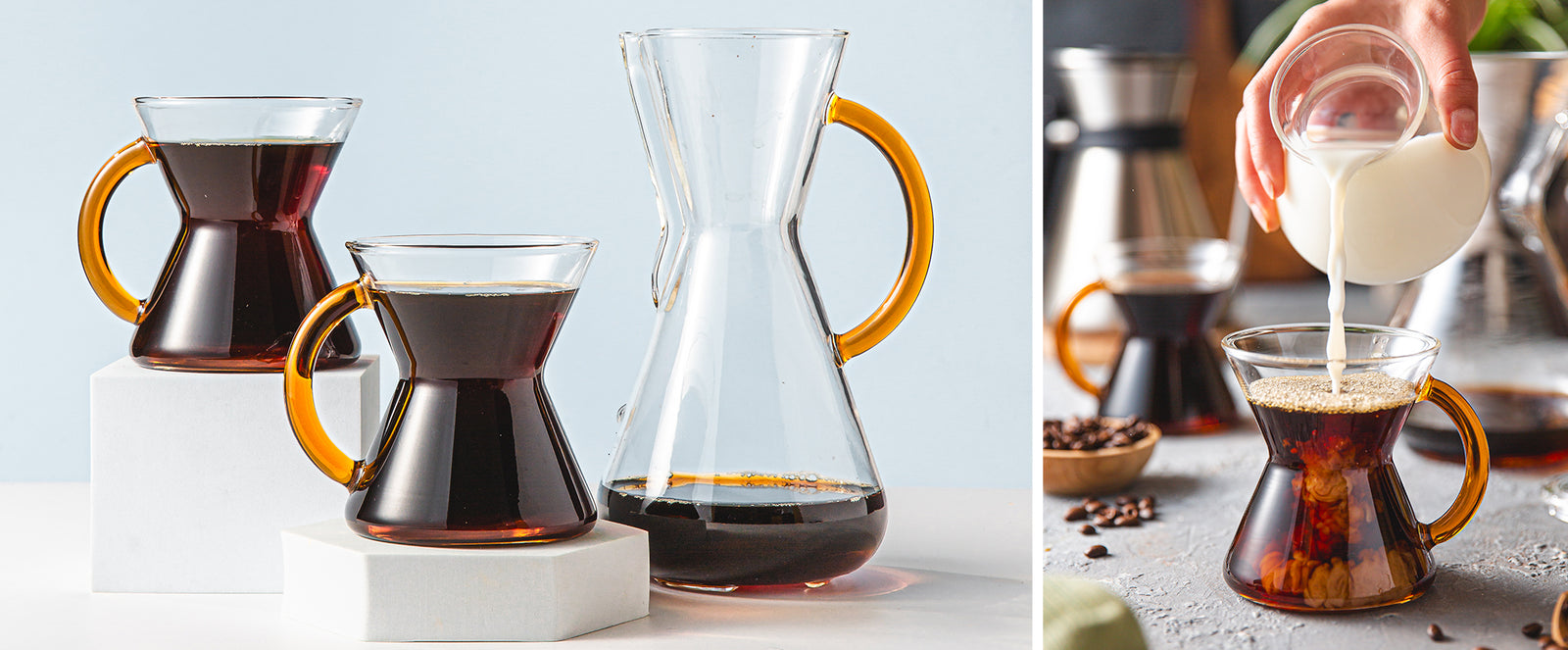 3-cup gold handle set, featuring the coffeemaker and 2 mugs