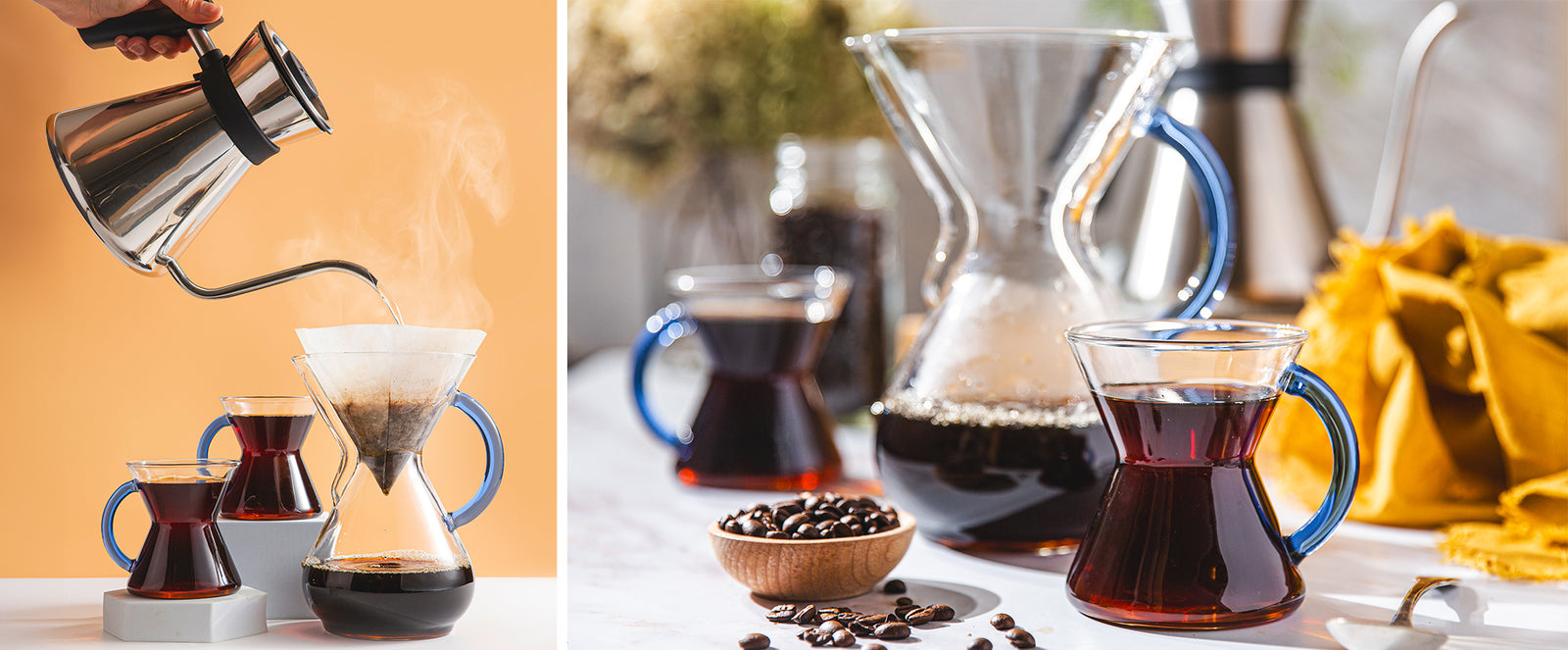 chettle brewing into a 6-cup sapphire coffeemaker on the left. photo on teh right 6-cup sapphire set beauty shot, with yellow napkin and coffeebeans