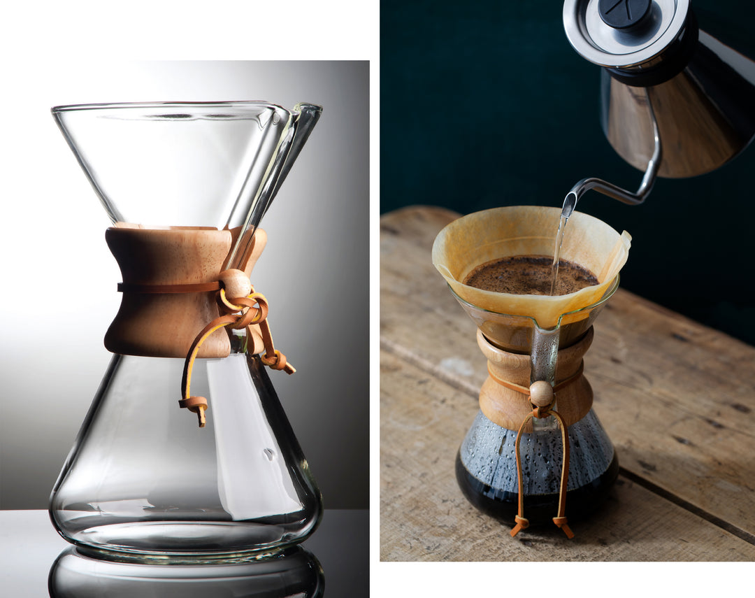 handblown coffeemaker on the left, brewing into a 5-cup handblown coffeemaker on the right