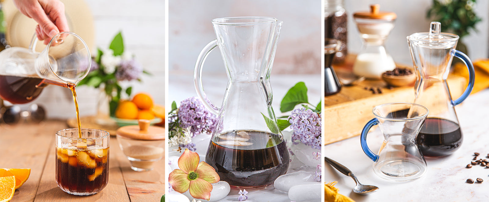 photo 1: three cup glass handle coffeemaker pouring iced coffee.
photo 2: three cup glass handle coffeemaker full of fresh brewed iced coffee, surrounded by flowers and ice cubes.
photo 3: three cup sapphire glass handle coffeemaker with mug on a table top with cream and sugar.