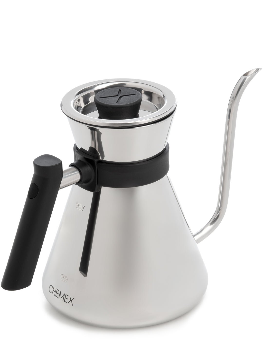 Polished Stainless Steel Gooseneck Chettle three quarter view