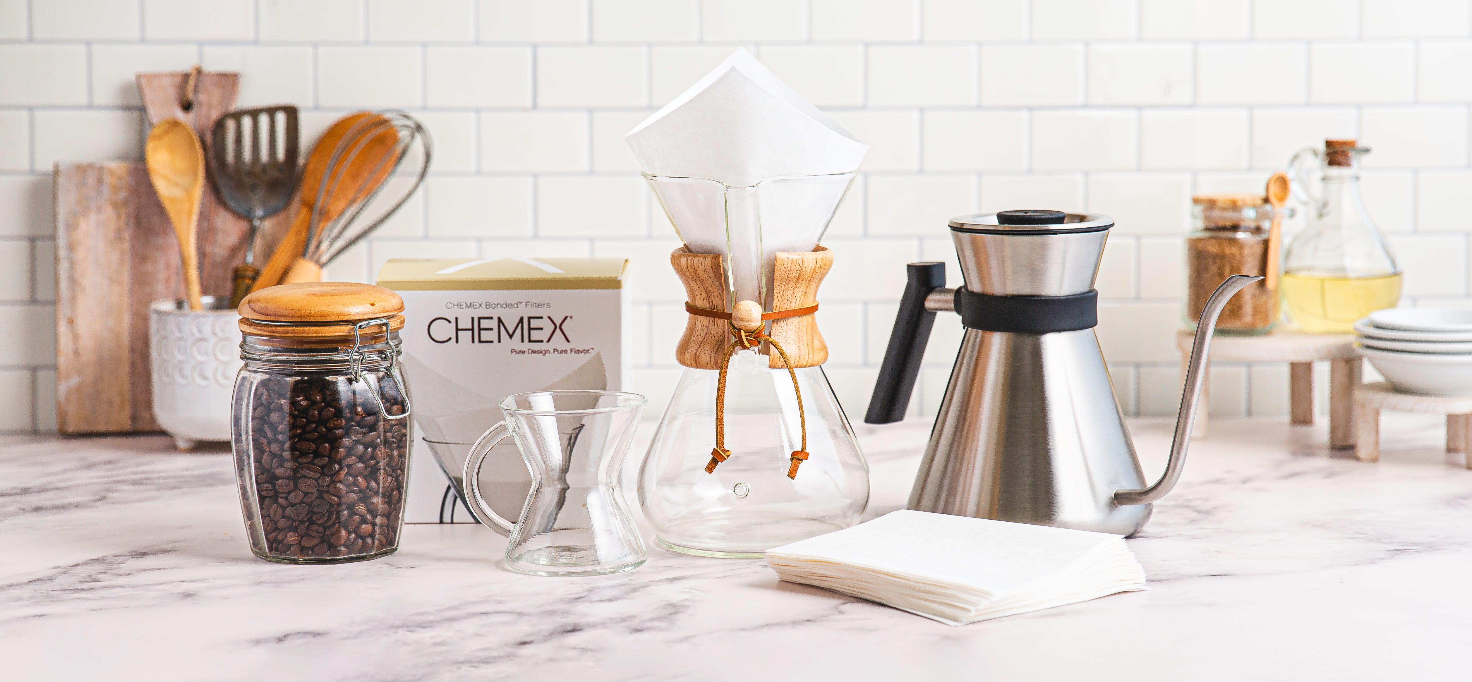 The chemex chettle kit lined up on a kitchen counter