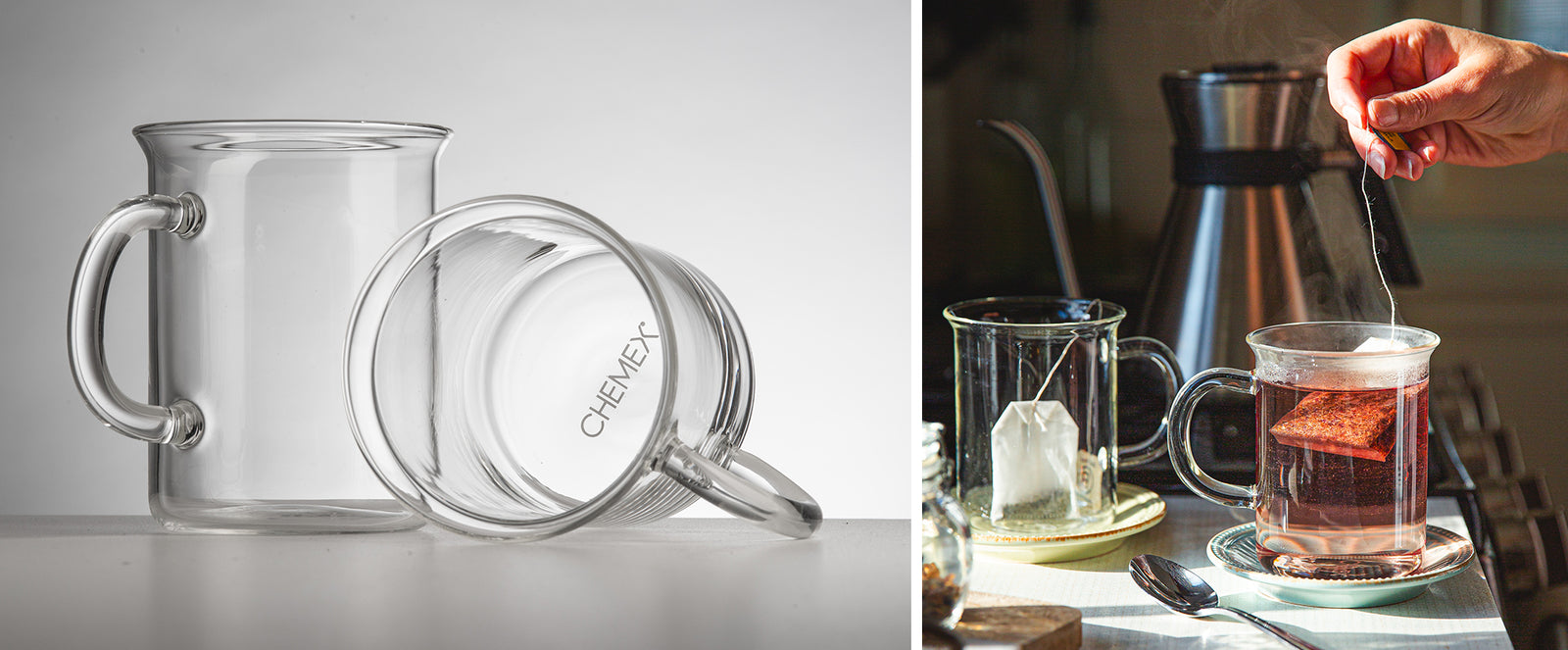 murray mug set on a light background, one glass placed upright the other laying on its side featuring the chemex logo at the bottom. picture to right tea is brewing in the murray mugs.