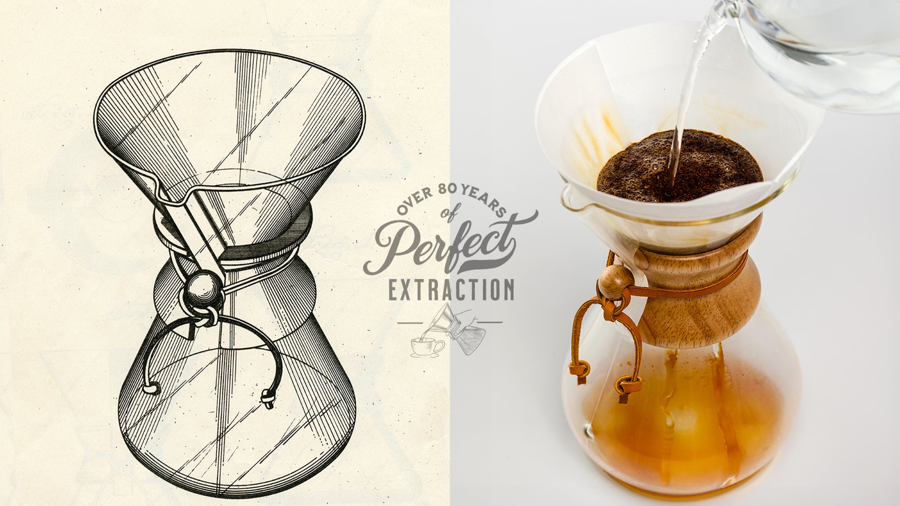 Chemex patent drawing of a coffeemaker next to a photo of a Chemex coffeemaker