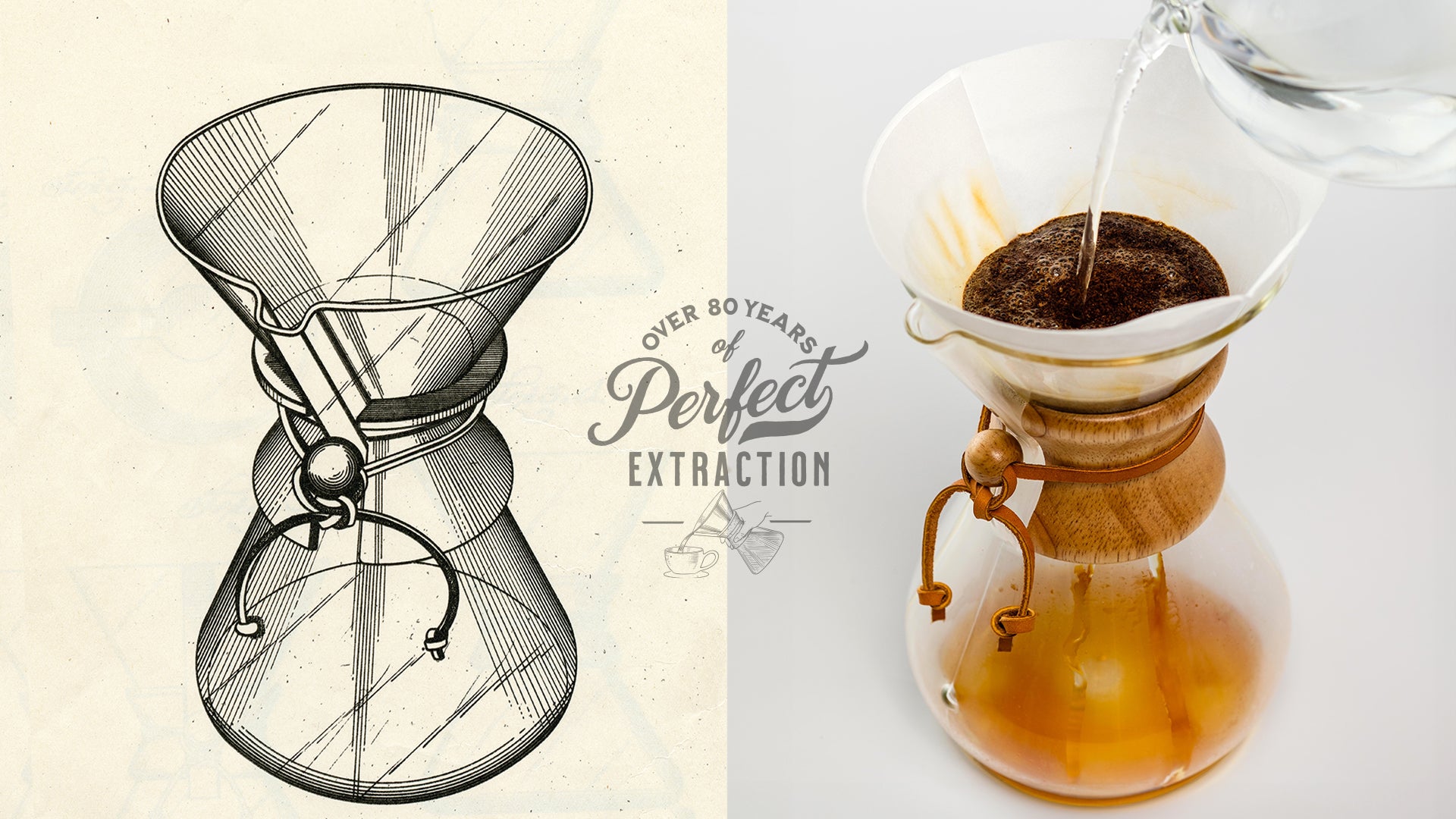 Chemex patent drawing of a coffeemaker next to a photo of a Chemex coffeemaker