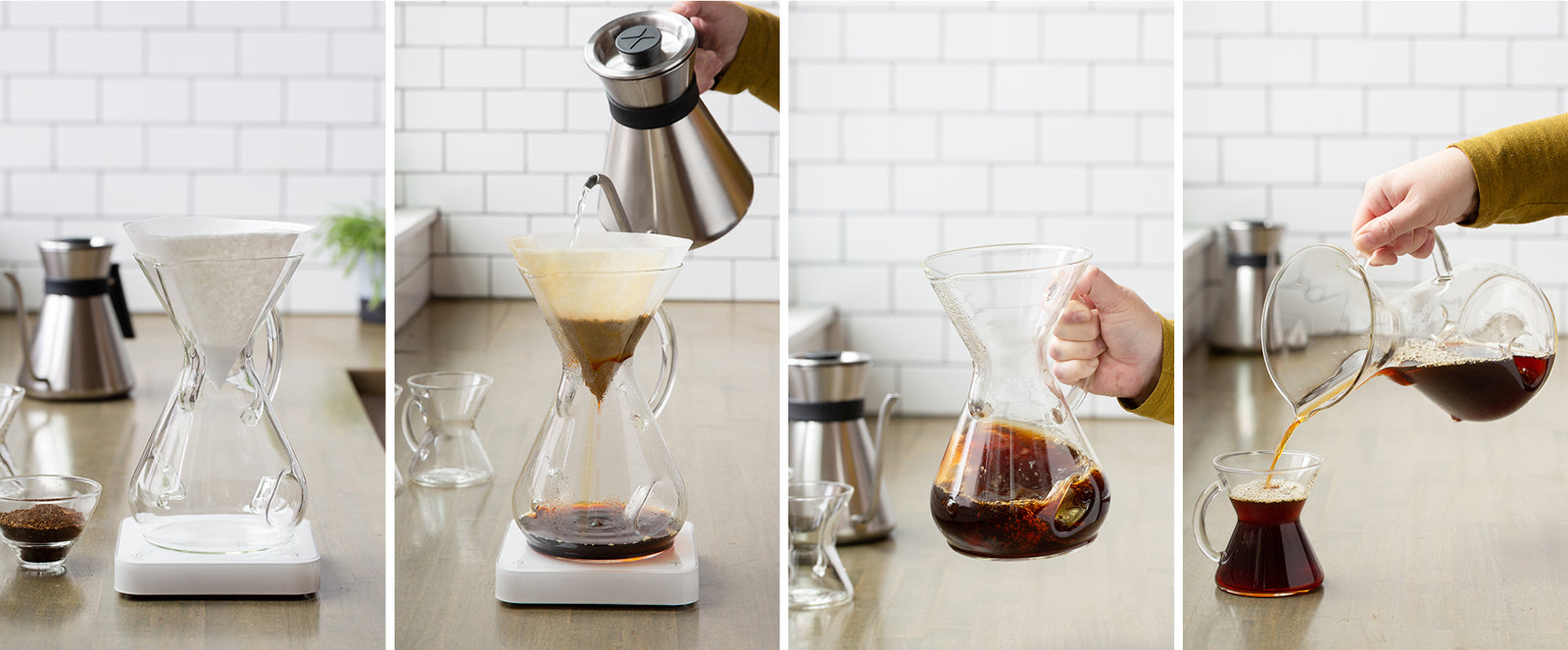 the chemaer being used. step 1 place filter and measure grounds. step 2 brew coffee step 3 swirl coffee to aerate it step 4 pour in mug and enjoy!