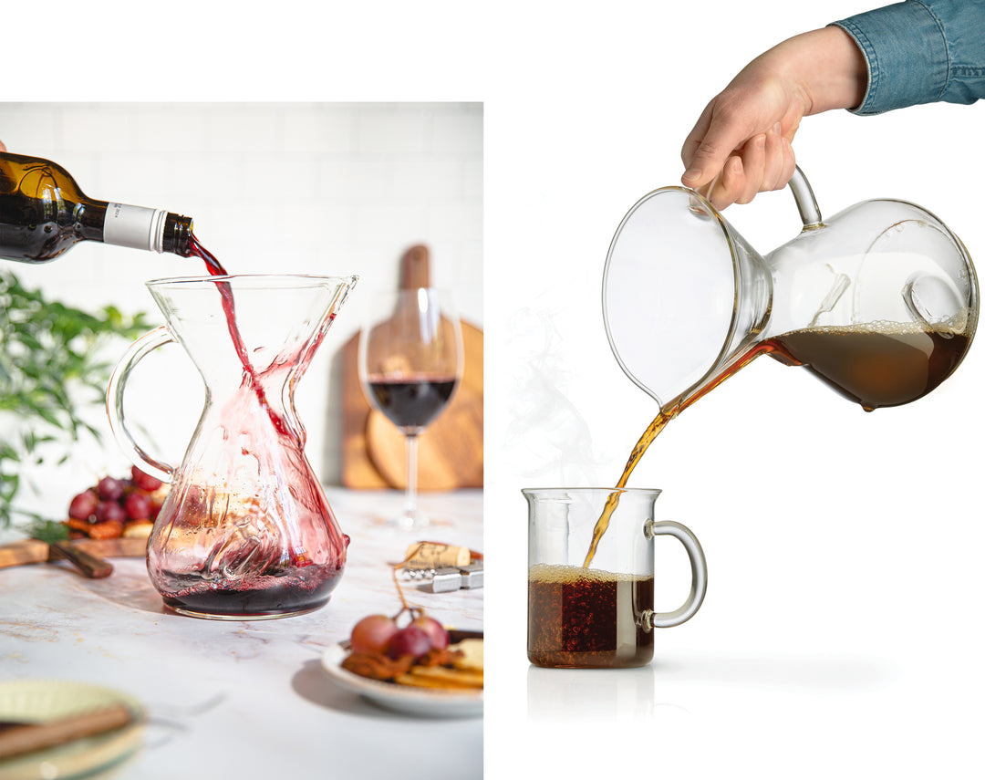 a photo of pouring red wine into the chemaer, next to a photo the chemaer pouring coffee into a murray mug