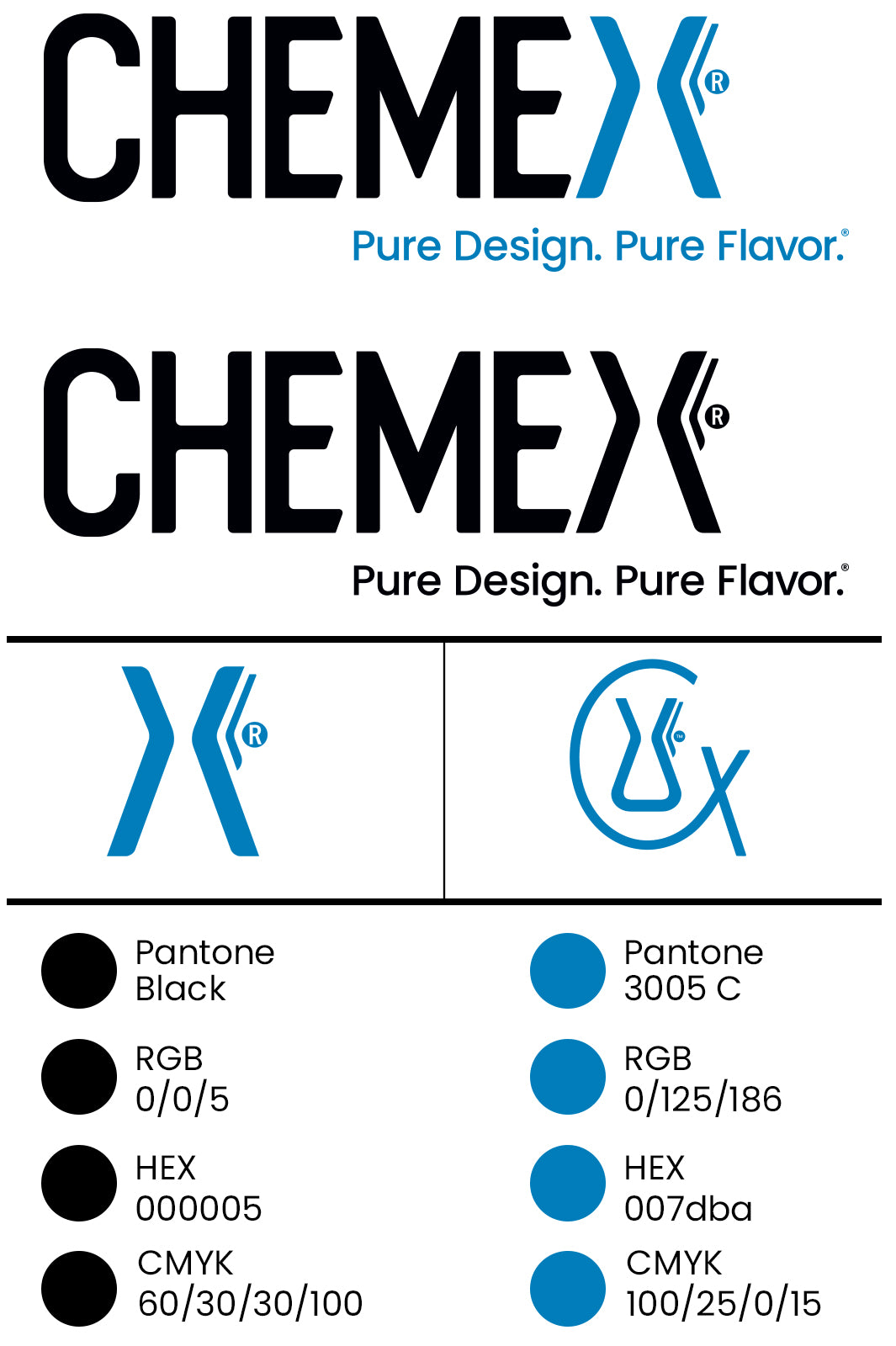 Chemex logo and color swatches with text 'Pure Design, Pure Flavor' on a white background.