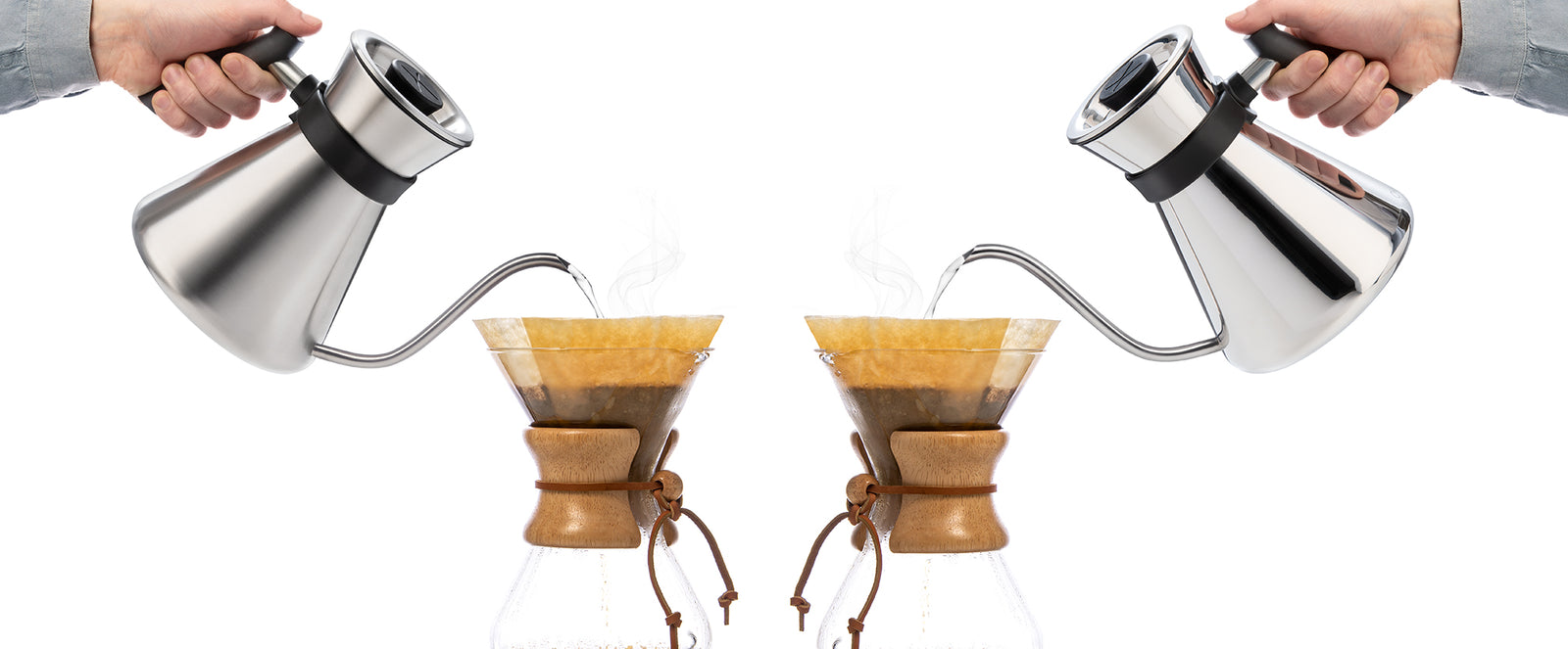 brushed chettle on the left polished cheetle on the right brewing coffee