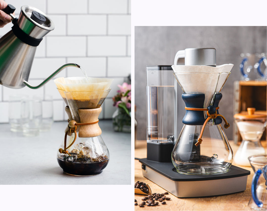 Photo one, brewing iced coffee with Chettle and 6-cup classic Chemex. 
Photo 2 Ottomatic getting ready to brew