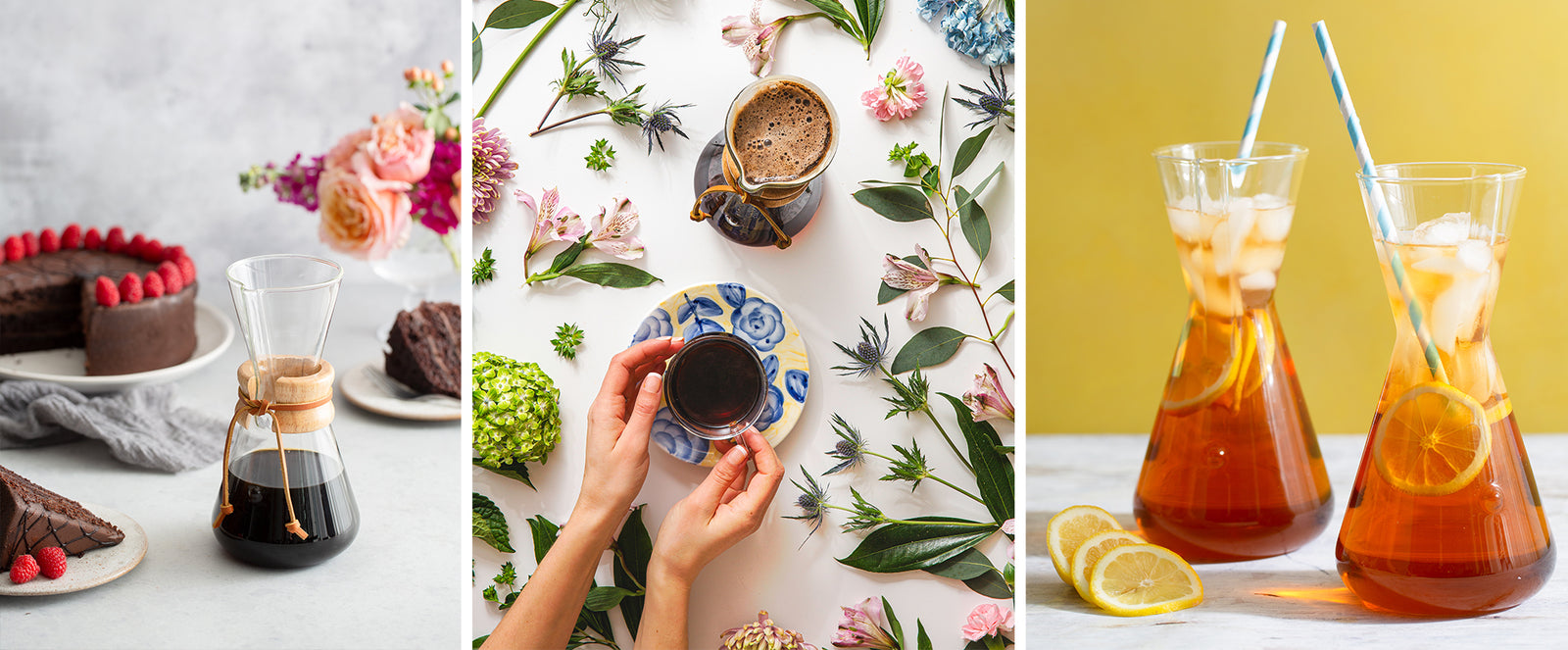 2 three cup coffeemaker filled with iced tea and leamin slices and blue and white striped straws