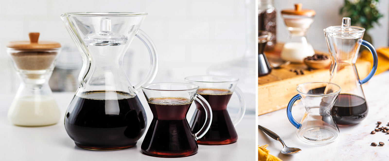 chemex glass lid on the six cup glass handle chemex to keep the coffee warm. the photo on the right the glass lid sits on a 3-cu sapphire glass handle chemex