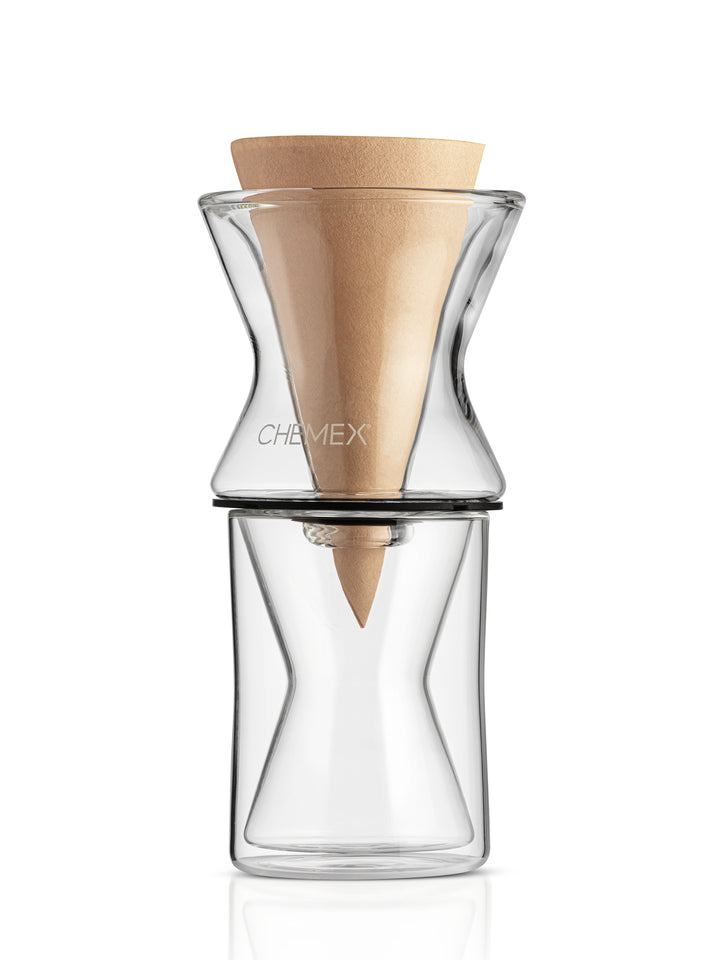 Double DW bundle, featuring the funnex coffeemaker on a double walled mug, with a natural half moon filter