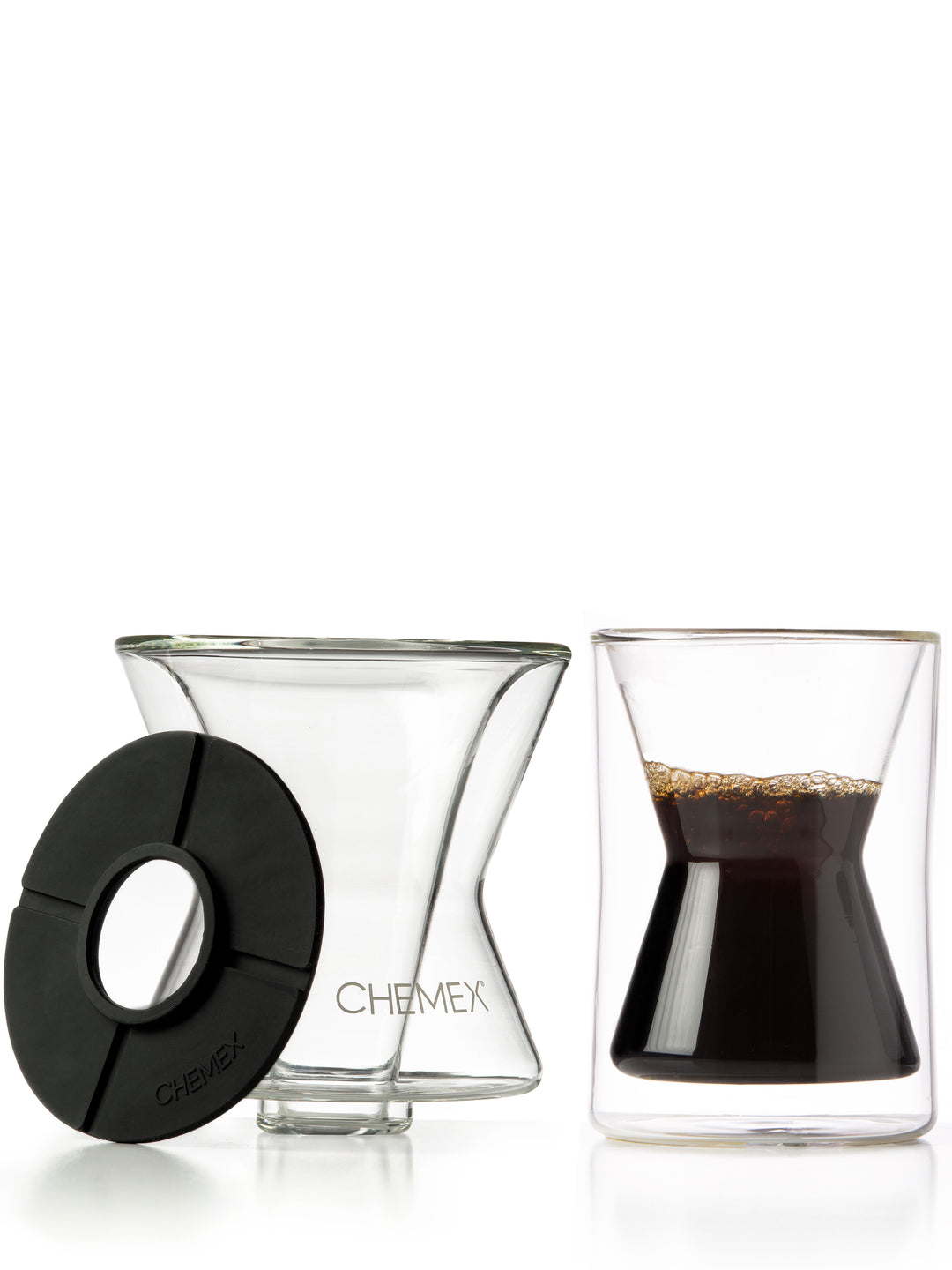 Double DW bundle, featuring the funnex coffeemaker next to the double walled mug which is half full of coffee