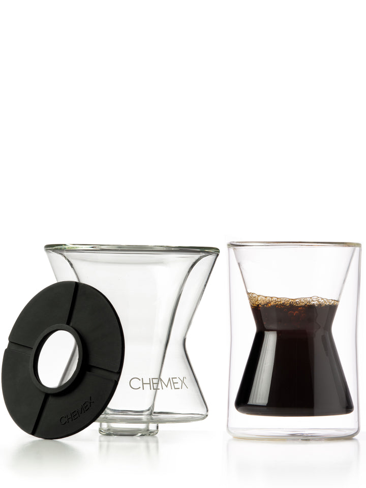 Double DW bundle, featuring the funnex coffeemaker next to the double walled mug which is half full of coffee