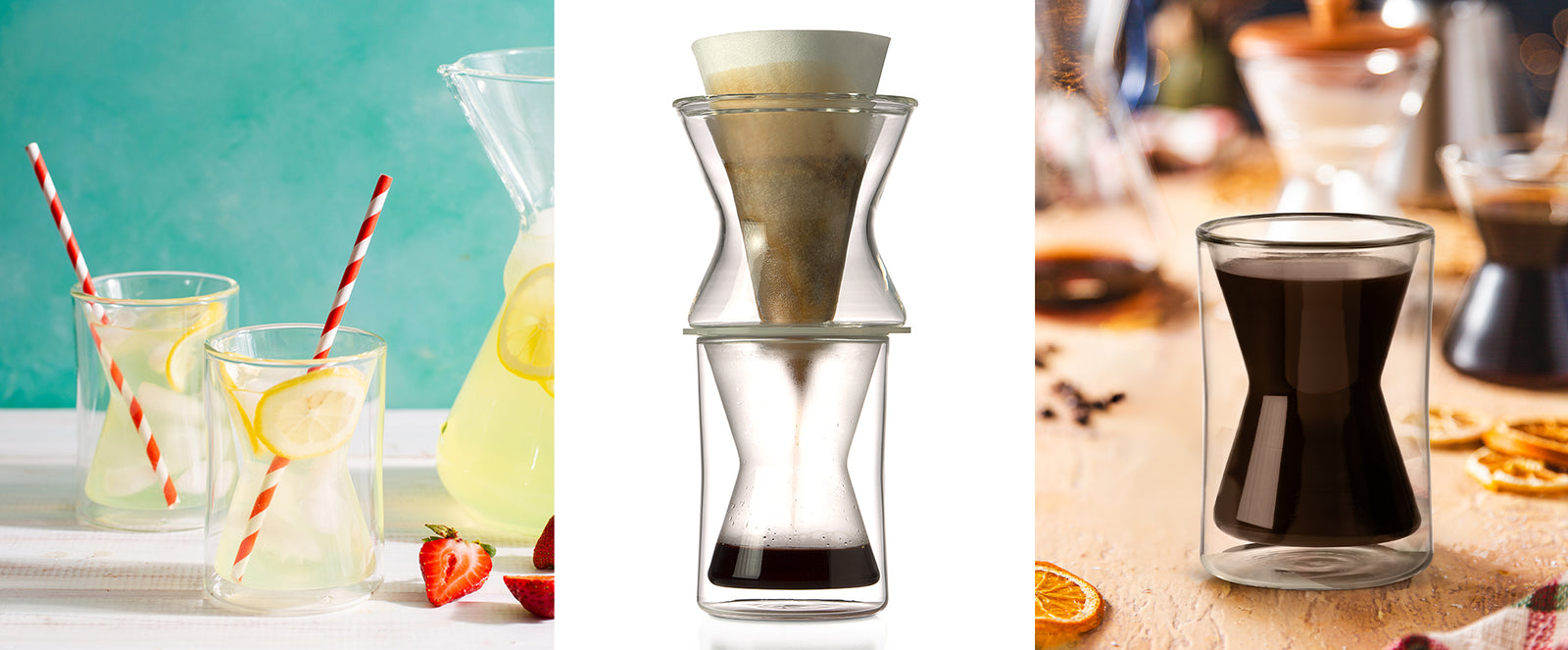 photo 1: 2 double walled mugs with lemonade and red and white striped straws.
photo 2: the funnex brewing into the double walled mug.
photo 3: the double walled mug full of coffee on a table with orange slices.