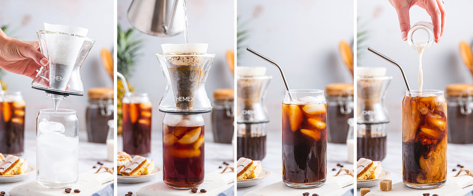 funnex being brewing iced coffee into a glass with a metal straw