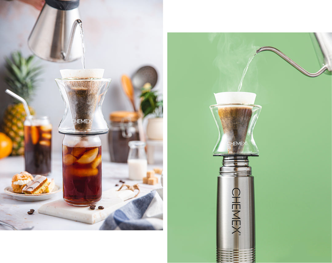 iced coffee being brewed by a funnex next to a funnex brewing into a 16oz thermos