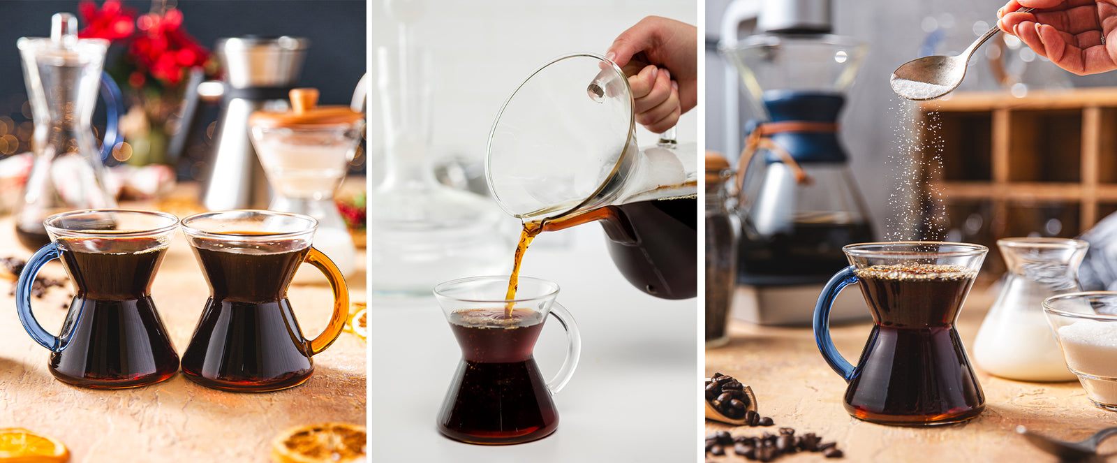 3 photos of the glass handle mug being used with coffee
