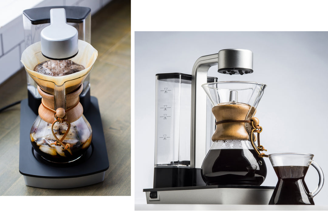 Ottomatic coffeemaker brewing coffee and a beauty shot of it displayed with a glass handle mug