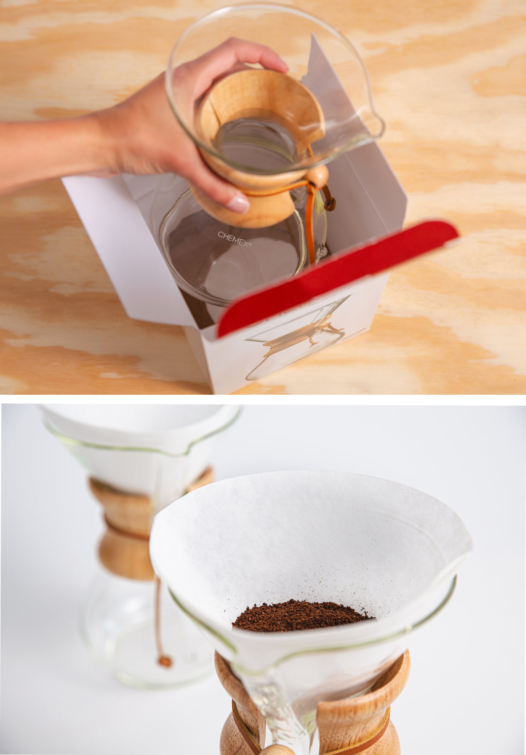 Top photo: brand new eight cup classic Chemex being packaged in its gift box. Bottom photo: Chemex bonded filter filled with ground coffee, ready to be brewed