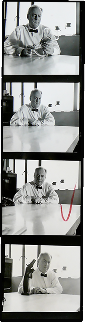 Contact-sheet strip of Dr. Peter Schlumbohm at the lab counter — four sequential frames