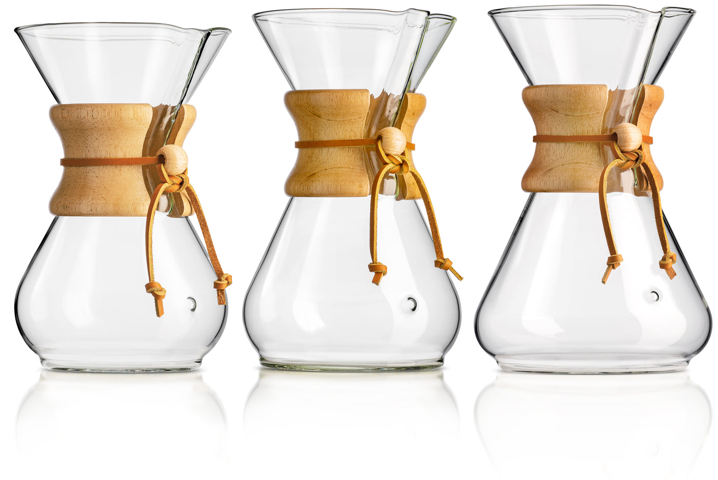 Chemex Classic Series coffeemakers — CM-6A, CM-8A and CM-10A, 6, 8 and 10-cup, wood collars with leather ties