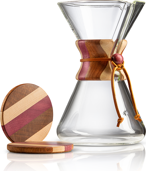 The CHEMEX Limited Edition 80th Anniversary Handblown coffeemaker — wood-grain striped collar with matching coaster, 2021