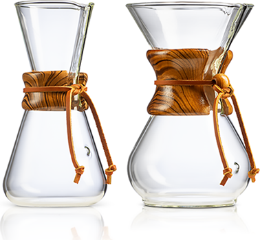 CHEMEX Tiger Collars — two handblown coffeemakers with stained tiger-stripe wood collars, 2021
