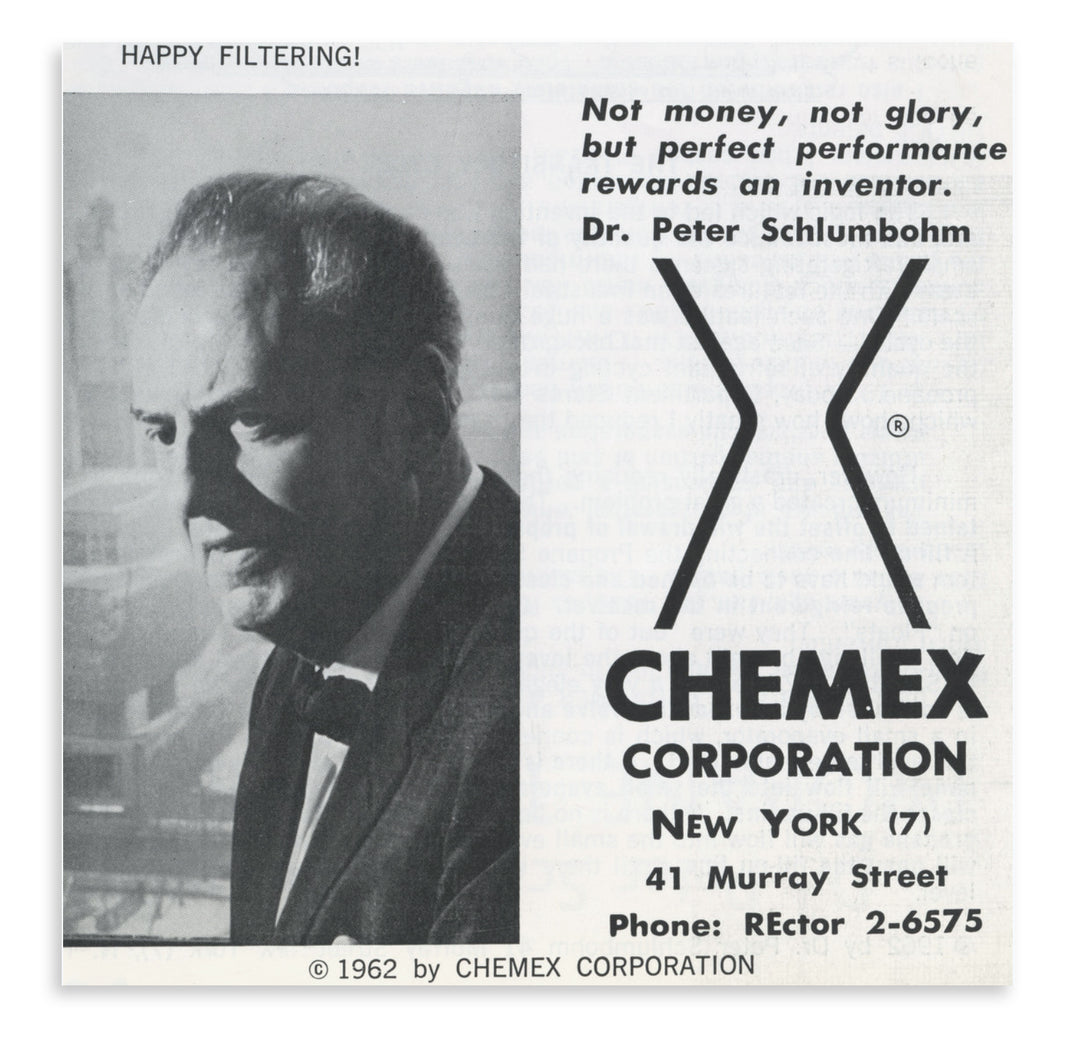 Chemex Corporation advertisement with a portrait of Dr. Peter Schlumbohm and contact information.