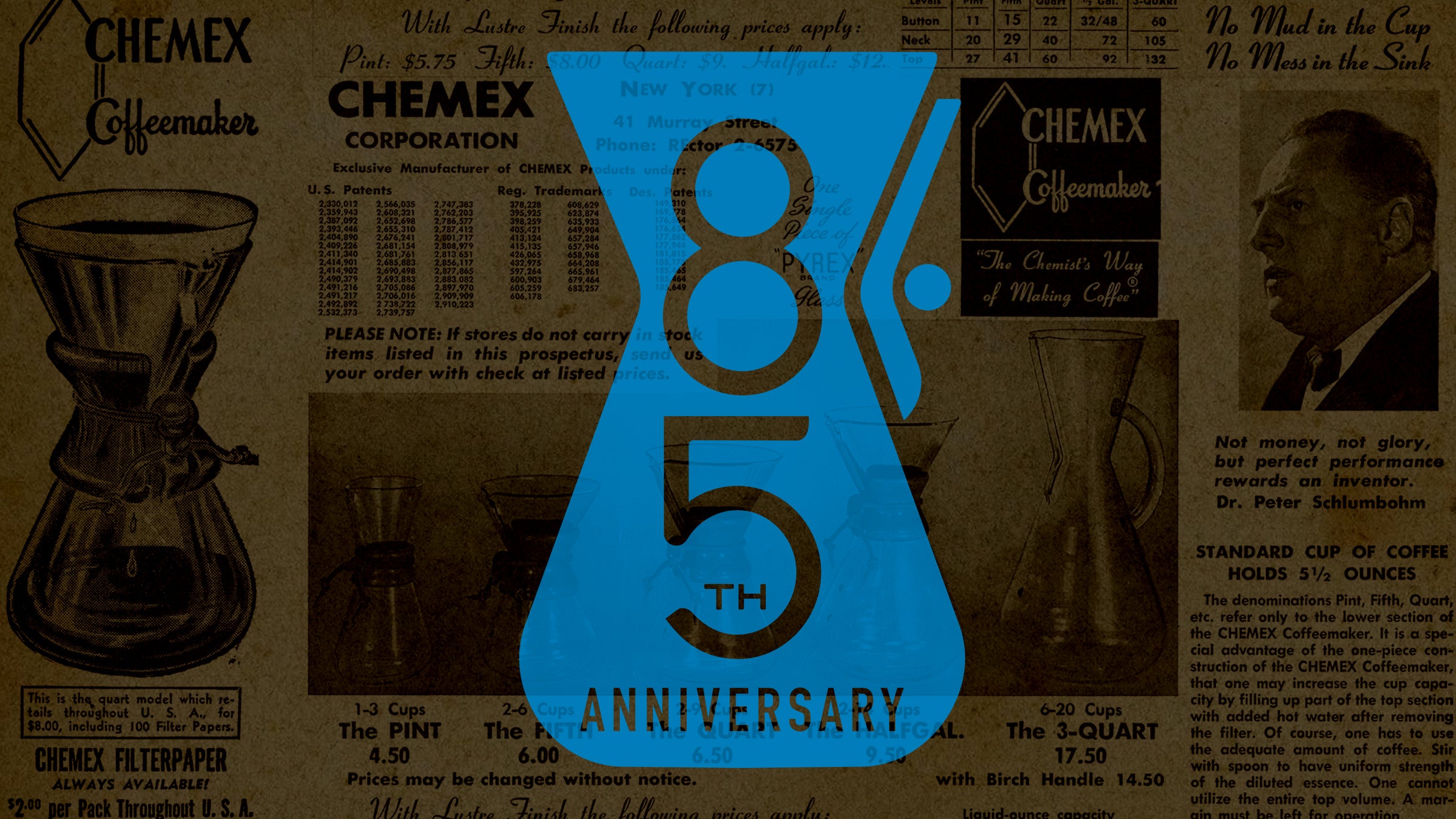 A blue hourglass-shaped graphic with the text '85th Anniversary' centered over a vintage-style brown newspaper collage featuring Chemex branding and coffee-related illustrations.
