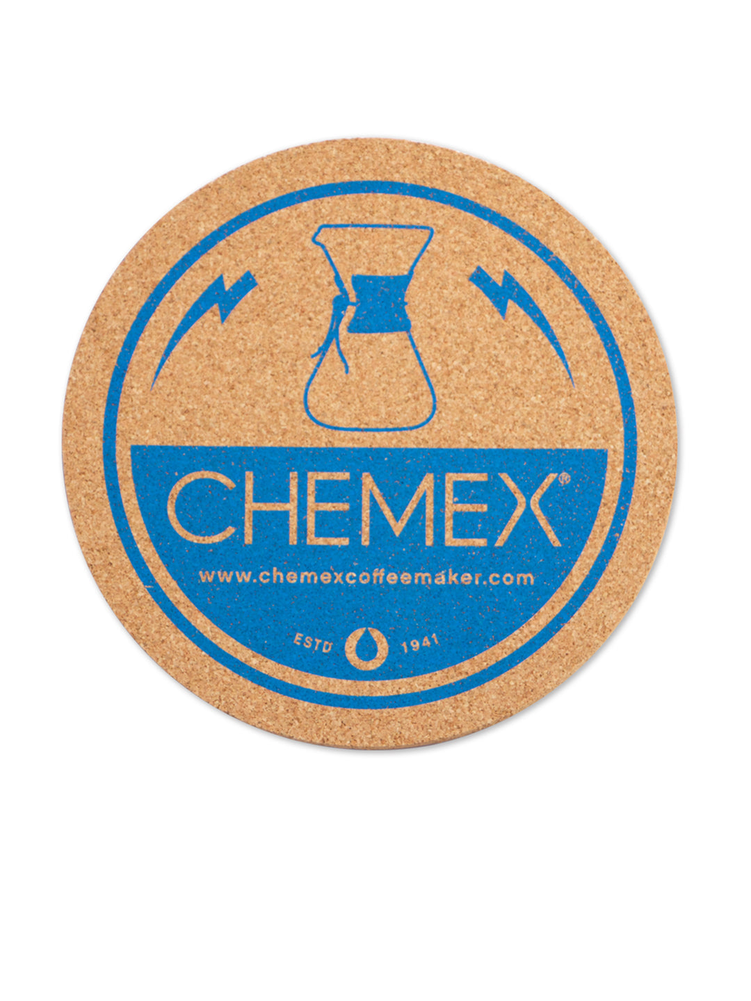 5.75" Cork coaster with Chemex logo printed in cyan blue