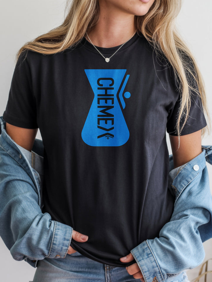 Person wearing a black t-shirt with a blue Chemex logo design.