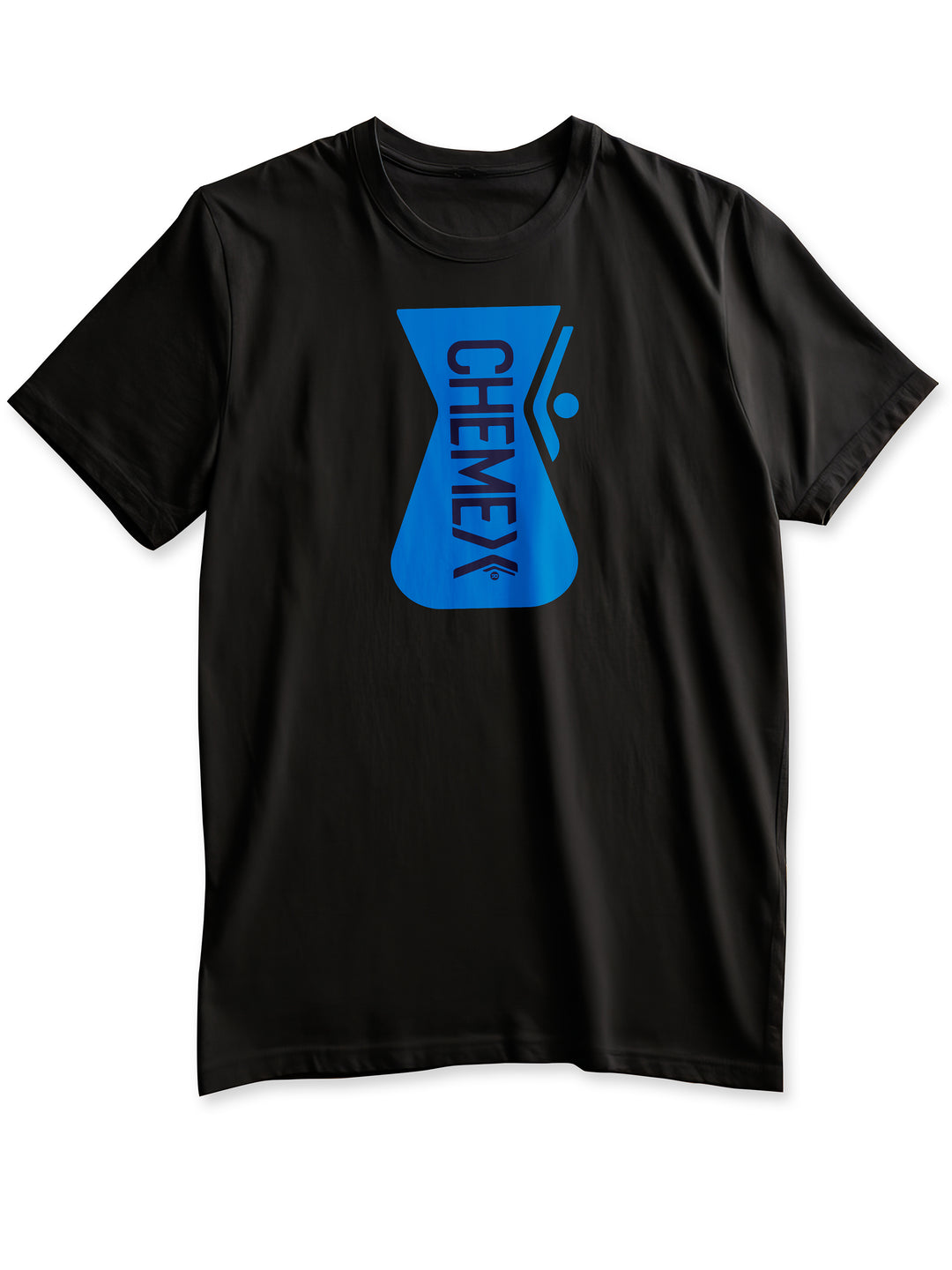 Carafe Symbl T-shirt on a white background. T-shirt is black, the carafe symbol design is light blue. 