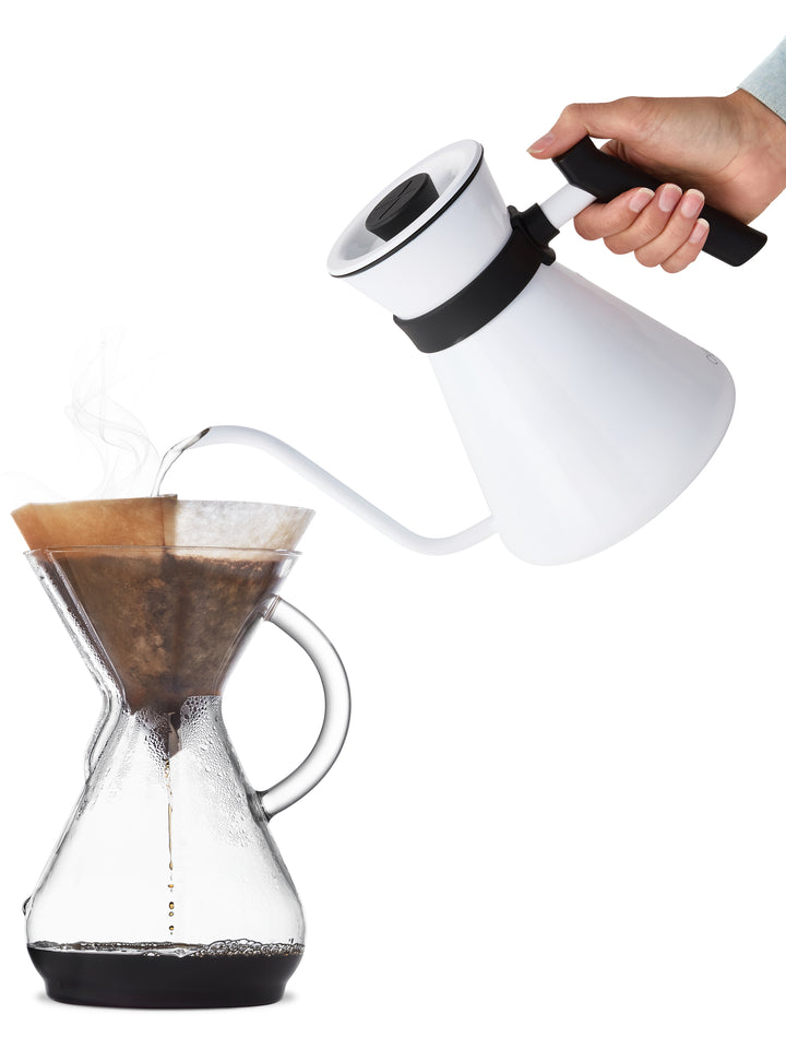 White Polished Chettle brewing into a eight cup glass handle CHEMEX. 