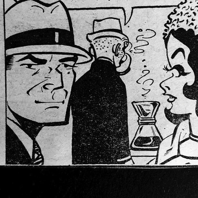 this drawn comic scene features the iconic hard-nosed detective Dick Tracy, known for his signature hat and suit, with a chemex in the background