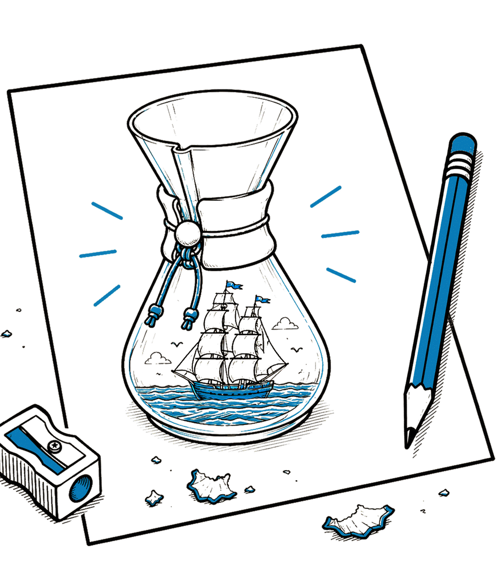 An illustration of an illustration of a chemex with ship on water inside the chemex.