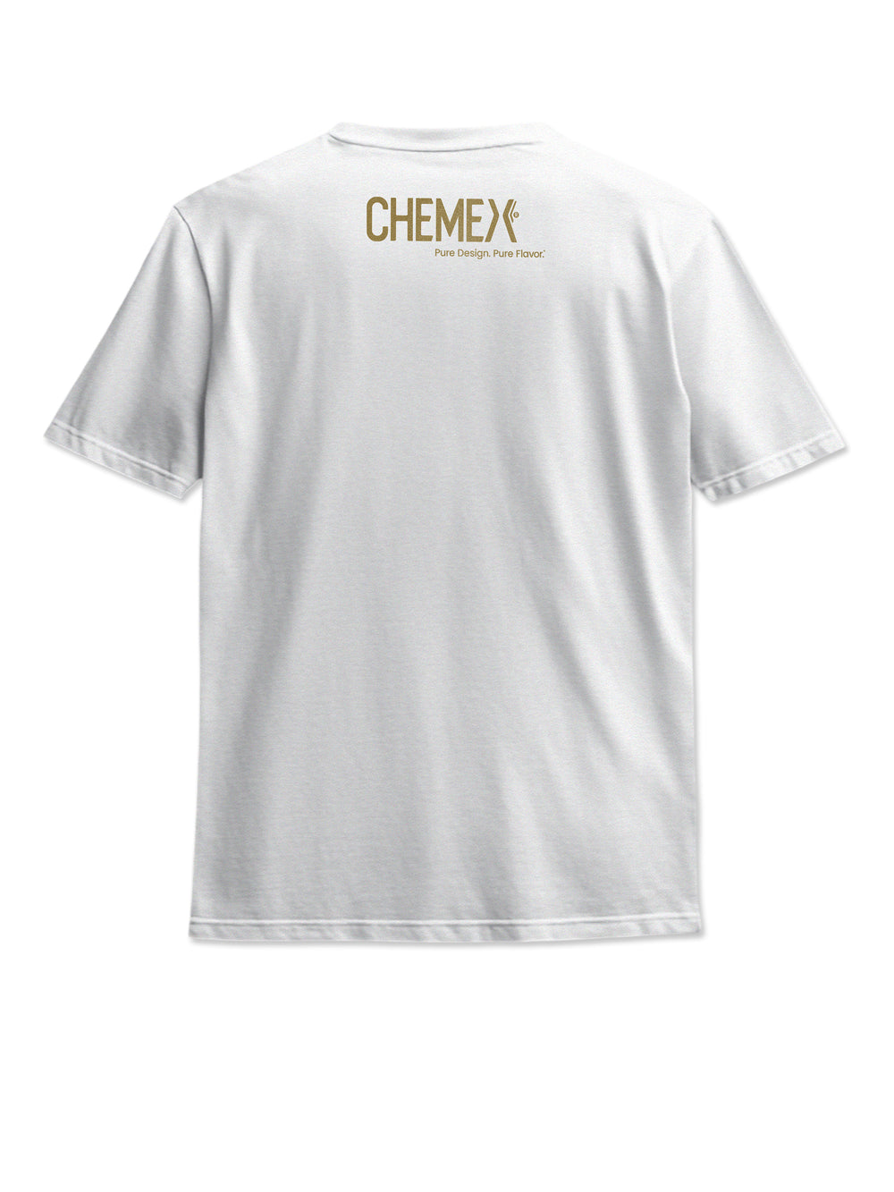 CHEMEX Golden T-shirt back on a white background. T-shirt is white, the Chemex logo graphic is metallic gold. 