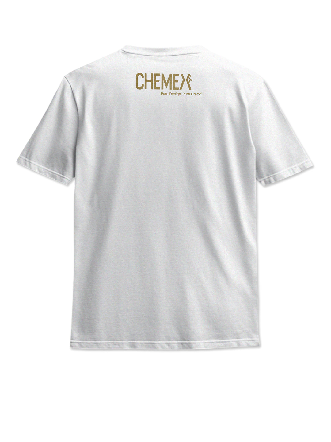 CHEMEX Golden T-shirt back on a white background. T-shirt is white, the Chemex logo graphic is metallic gold. 