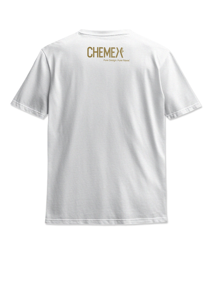 CHEMEX Golden T-shirt back on a white background. T-shirt is white, the Chemex logo graphic is metallic gold. 