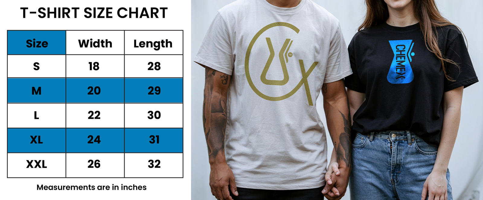 t-shirt sizing chart. Size Small, Width 18", Length 28". Size Medium, Width 20", Length 29". Size Large, Width 22", Length 30". Size Extra Large, Width 24", Length 31". Size XXLarge, width 26", Length 32".