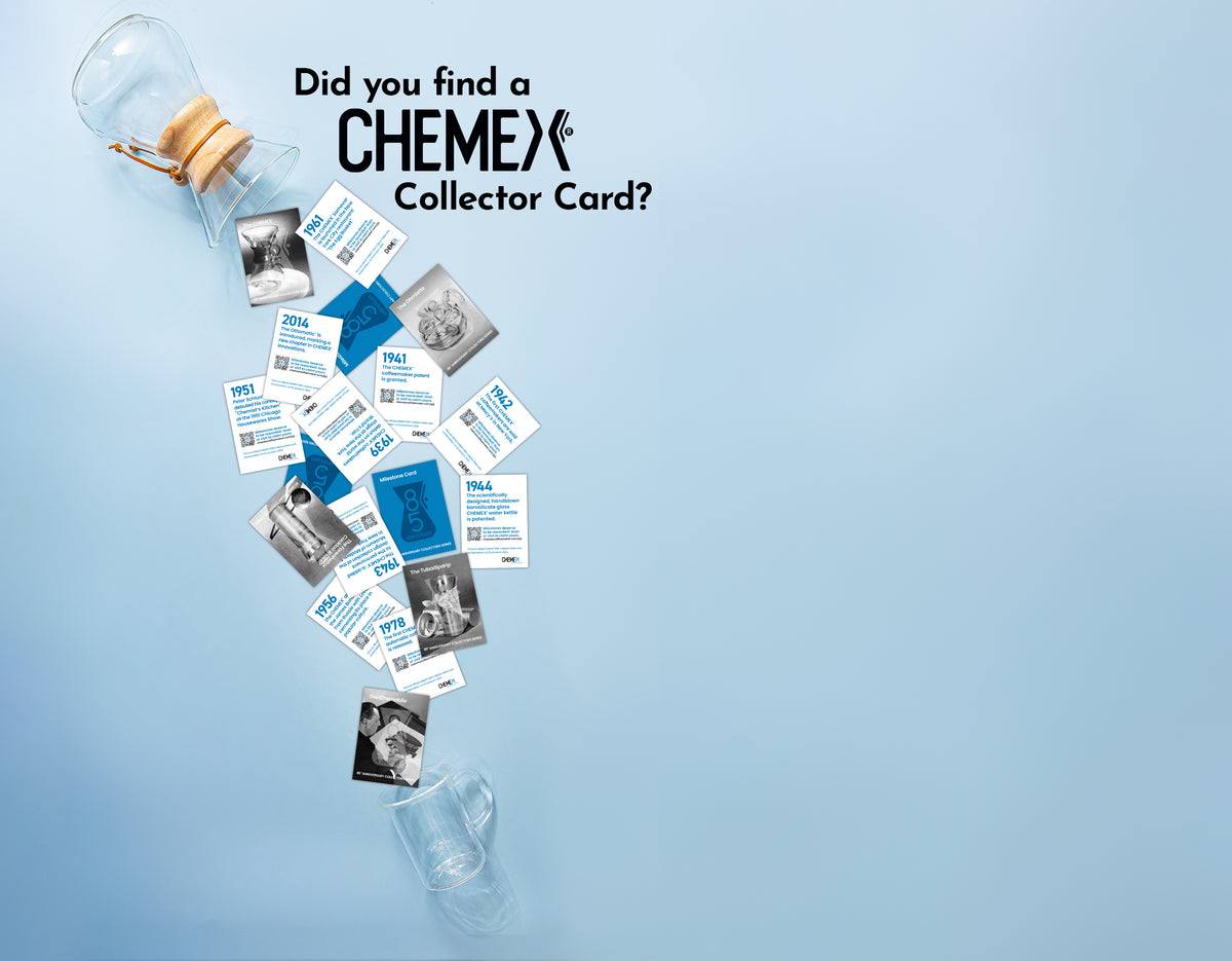 chemex coffeemaker pouring our a bunch of chemex collectors cards onto a blur background 
