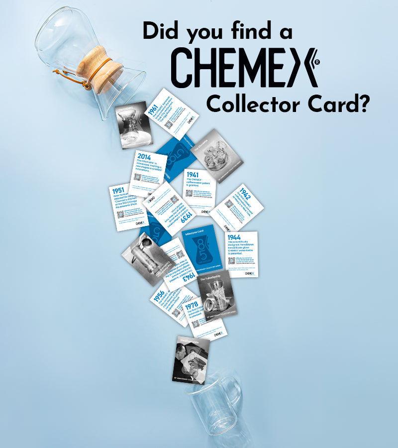 chemex coffeemaker pouring our a bunch of chemex collectors cards onto a blur background 