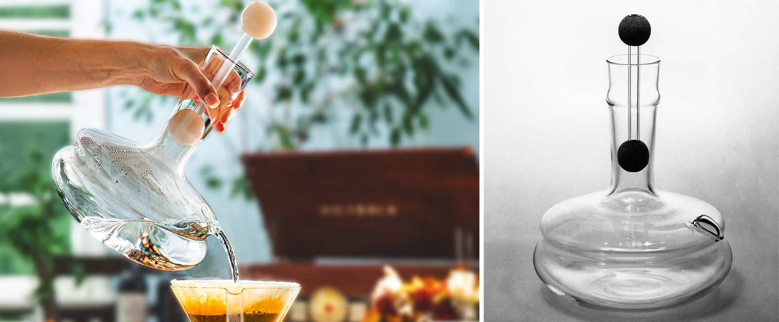Photo on left is a handblown chemex kettle brewing coffee, the background s bright and colorful with blurred greenery. photo ion the right is a vintage photo on the chemex glass kettle from the 1950's.