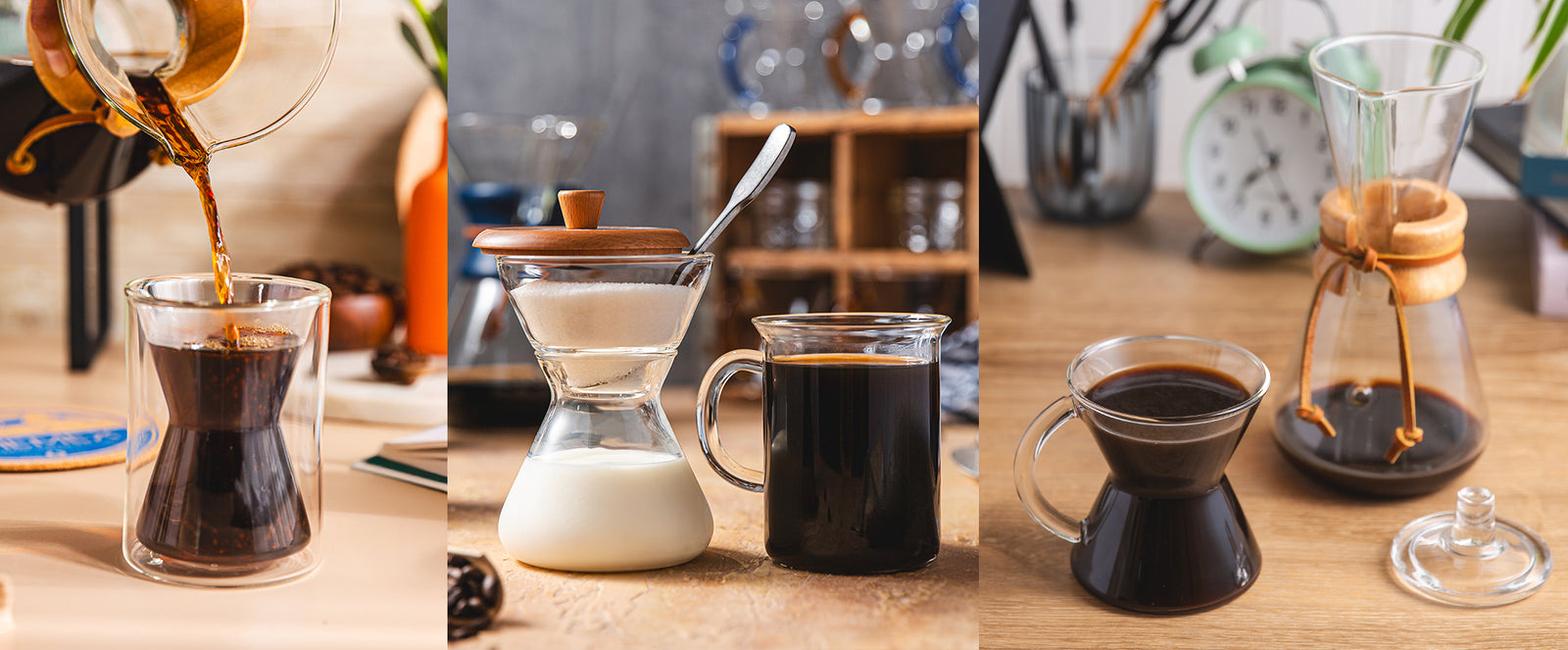 Chemex coffeemaker pouring coffee into the double walled mug, next to that the chemex cream and suager set sitting next to the murray mug, next to that the chemec glass handle mug next to the coffeemaker lid
