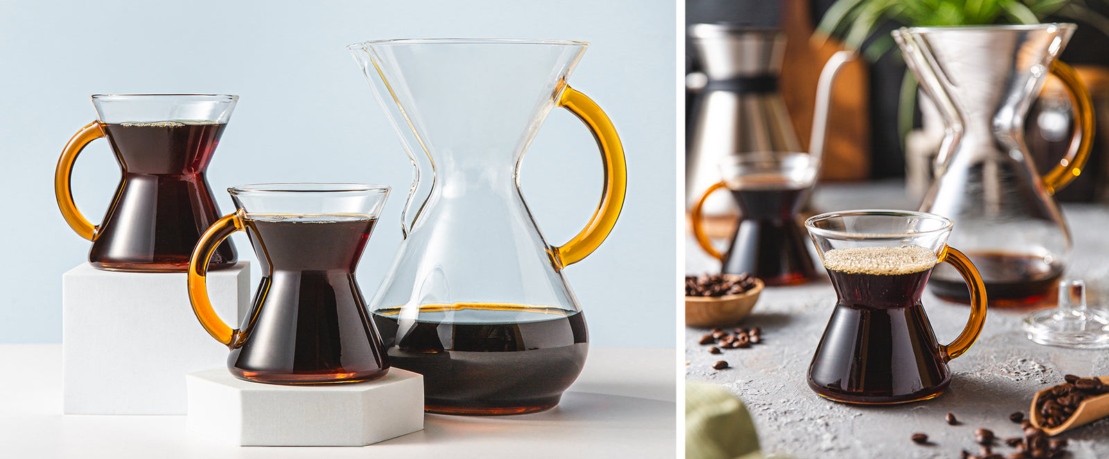 Photo on left: the six cup glass handle bundle on display in front of a clear light blue background. 
Photo on right: a beauty shot of the the six cup glass handle bundle on a counter top with coffee beans and a green plant