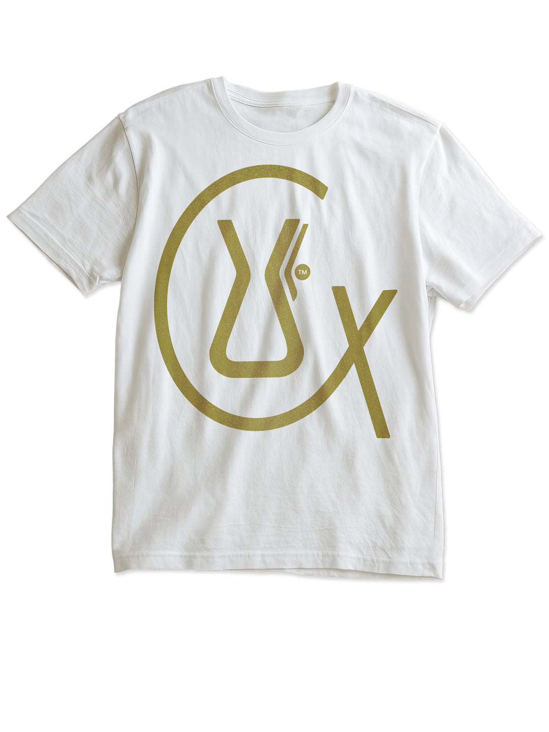 CHEMEX Golden T-shirt front on a white background. T-shirt is white, the CX Symbol graphic is metallic gold. 