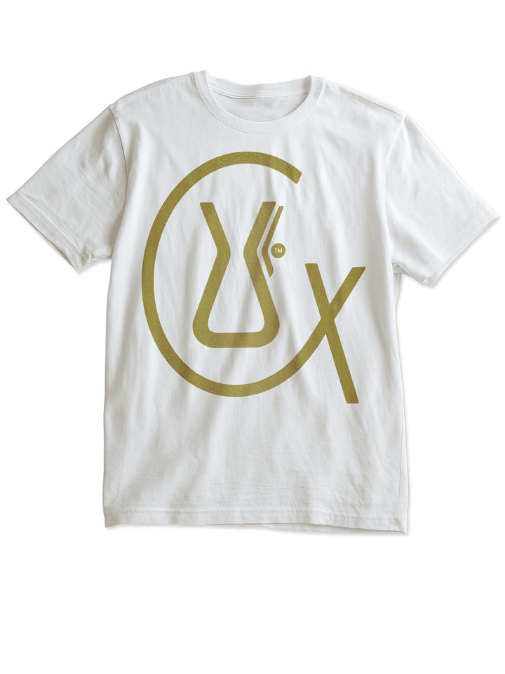 CHEMEX Golden T-shirt front on a white background. T-shirt is white, the CX Symbol graphic is metallic gold. 