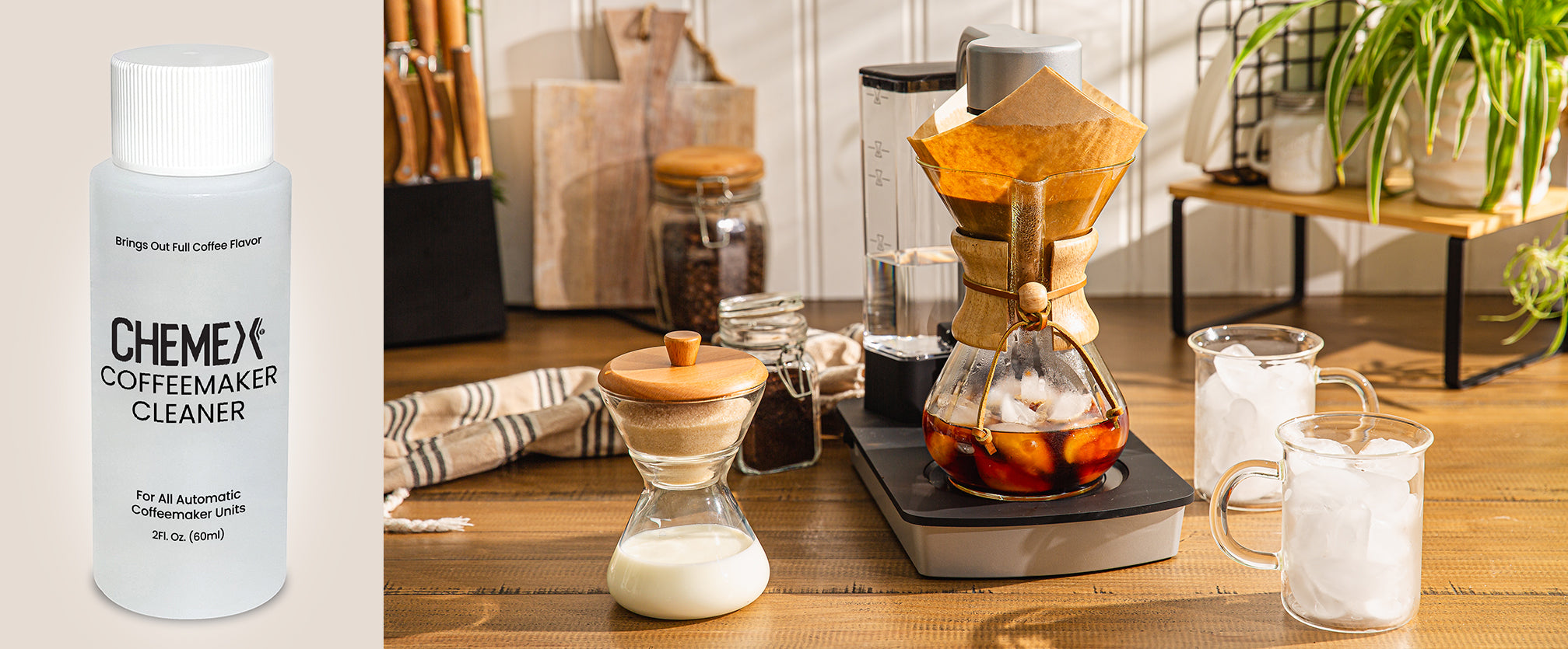 Chemex automatoc coffee cleaning solution next to a Ottomatic coffeemaker. The coffeemaker is sitting on a counter brewing iced coffee. 