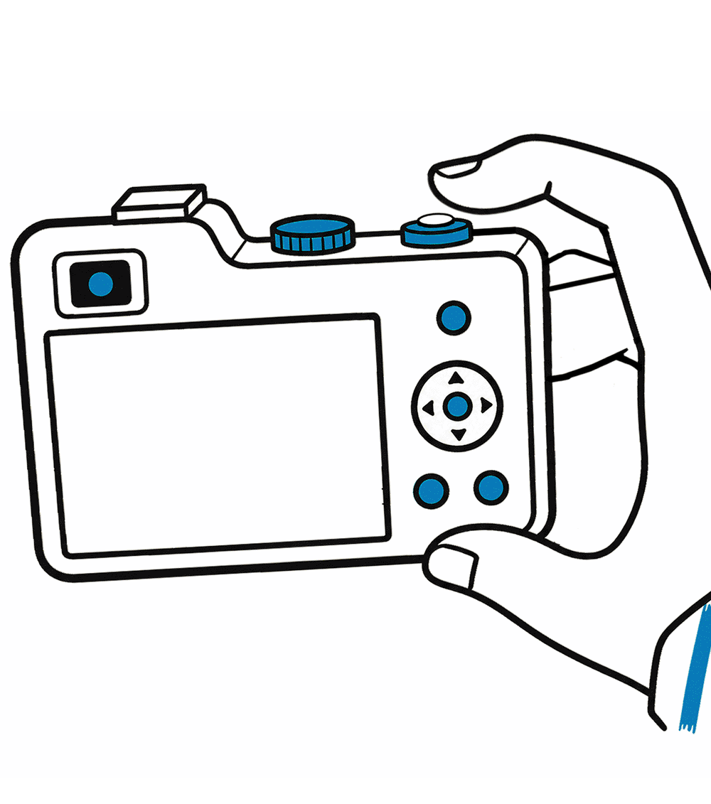 An illustration of digital camera taking a photo of a Chemex, mug of coffee and a piece of cake.